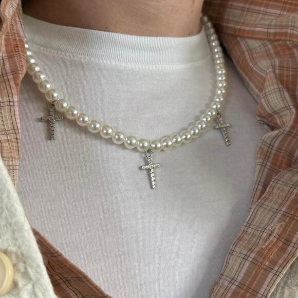 y2k 2000s style heavy metal punk grunge pearl emo cross pendant necklace - Picture 12 of 15